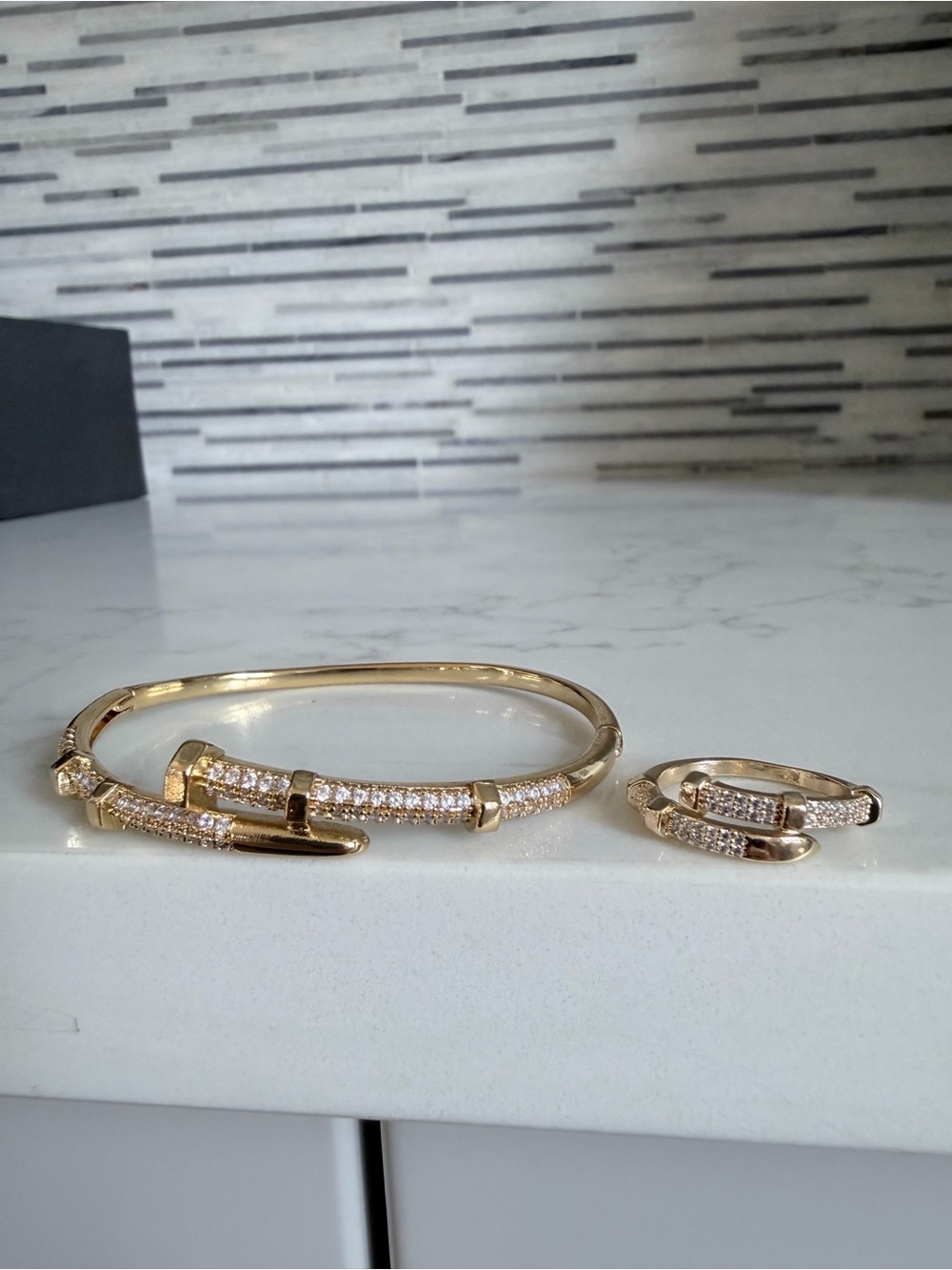Cartier Inspired 2 piece set Gold-Tone Pavé Crystal Hinged Bangle Bracelet Ring
